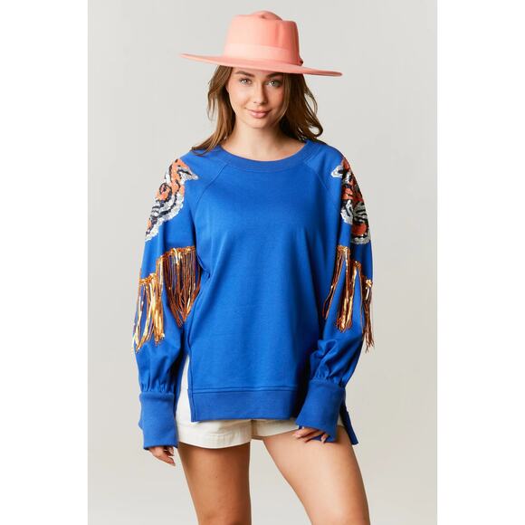 Fantastic Fawn Tops - Fantastic Fawn Sequin Tiger Sleeve Fringe Sweatshirt Blue Womens Size Medium